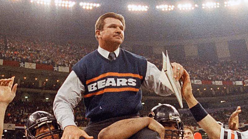 FILE - In this Jan. 26, 1986, file photo, Chicago Bears coach Mike Ditka is carried off the...